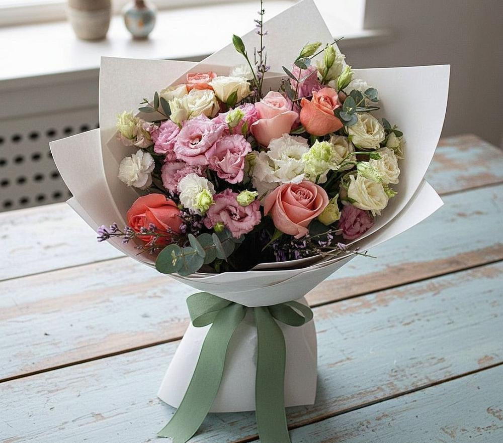 Букет цветов из: Розы, Лизиантусы и Гвоздики в Кусье-Александровский