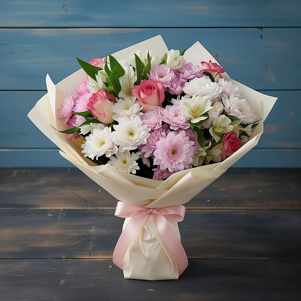 Букет цветов из: Хризантемы, Альстромерии и Розы в Кусье-Александровский